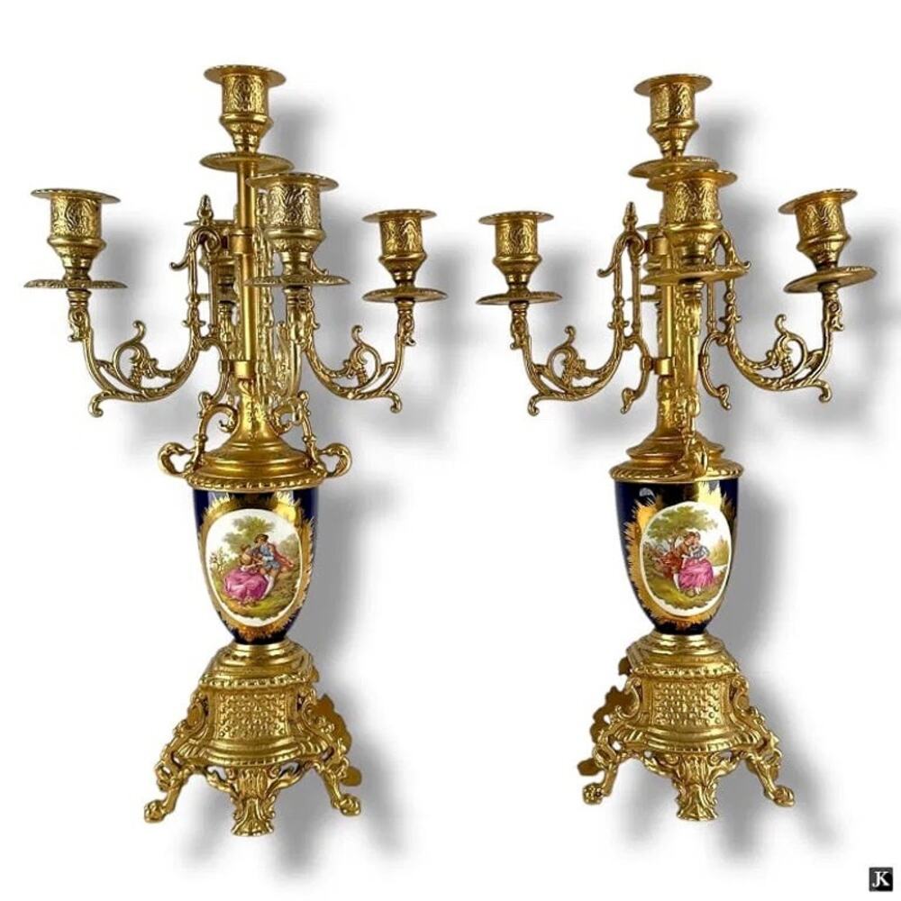 Two Ornate Gold Enamel Candleabras – Hand-Painted Porcelain Panels, Luxury Décor